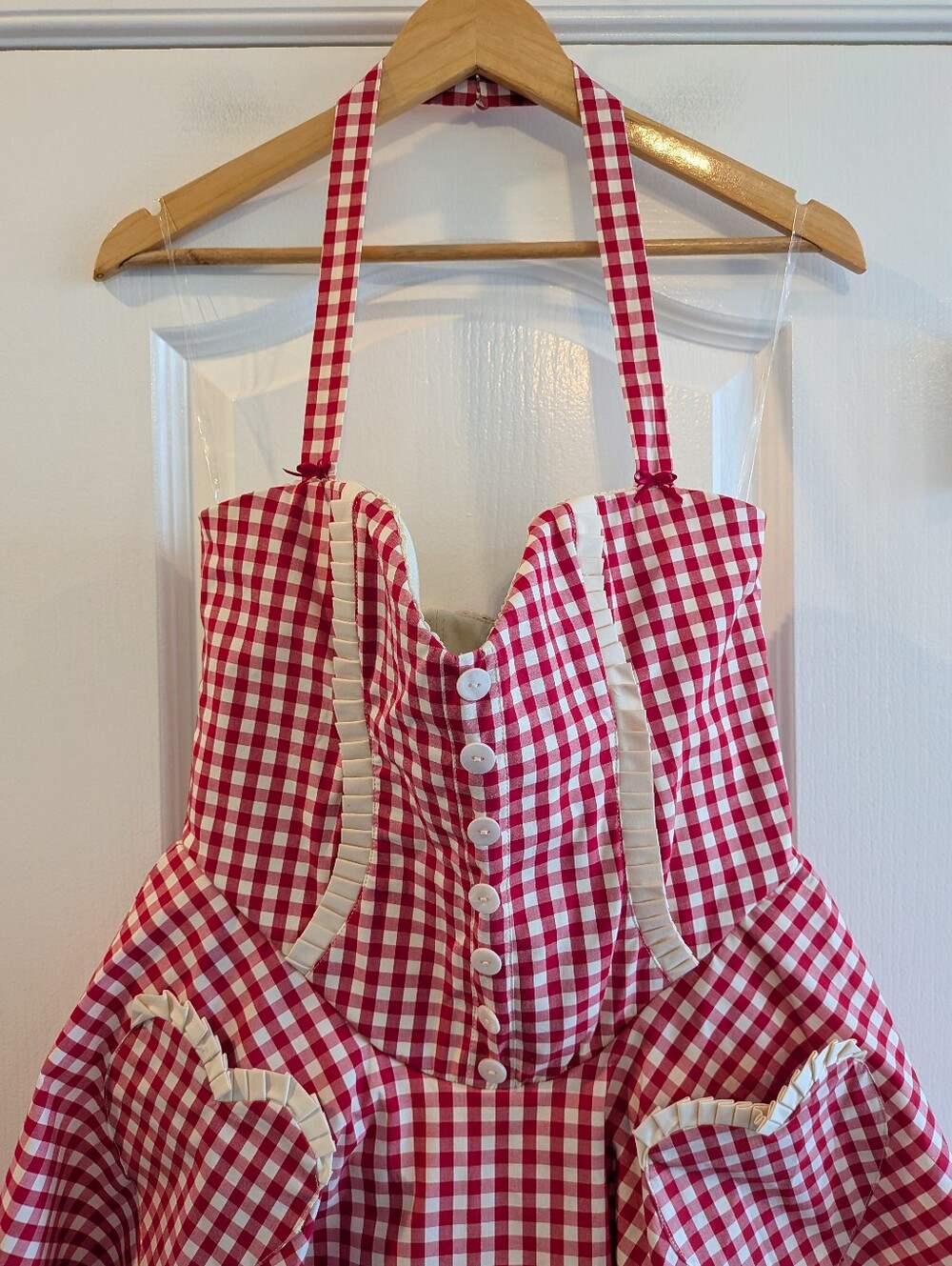House of CB Heidi Red Gingham Cotton Halter Neck Mini Dress Coquette Size L NWT - Picture 4 of 15